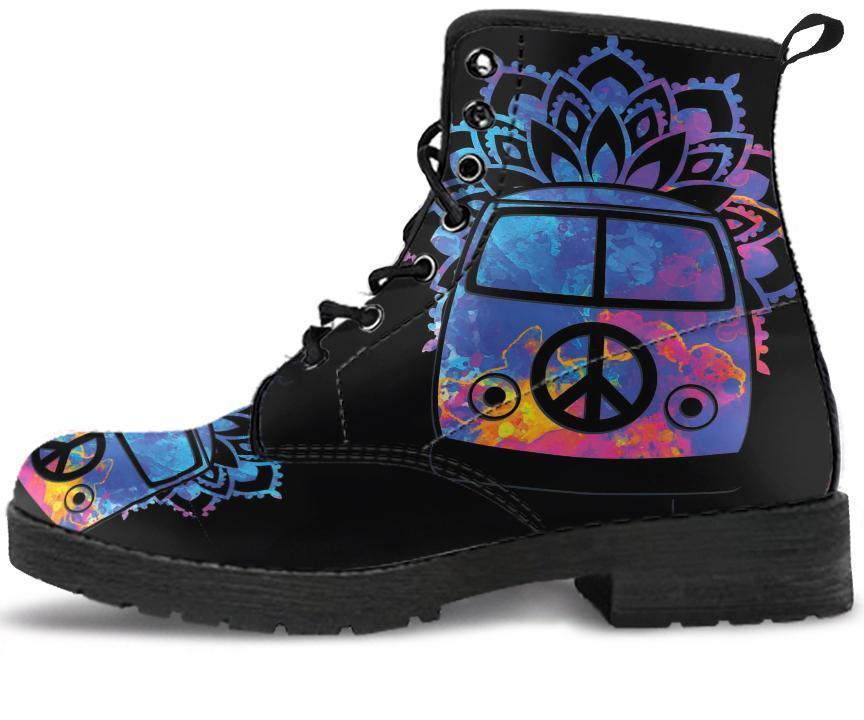 Leather Boots - Peace Hippie Black Bus