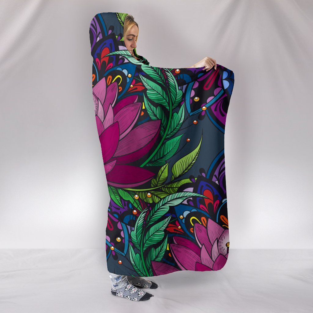 Blanket Hoodie - Flower Lotus Pink Green