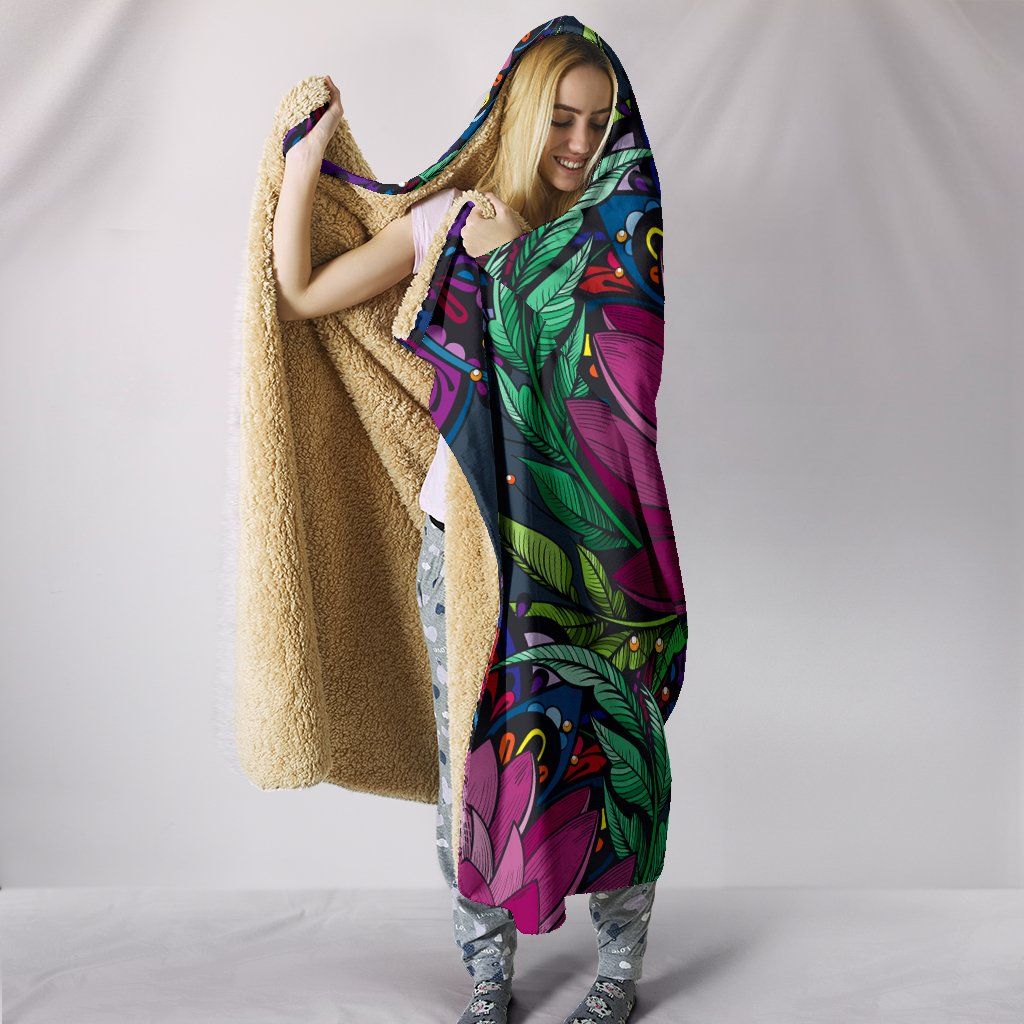 Blanket Hoodie - Flower Lotus Pink Green