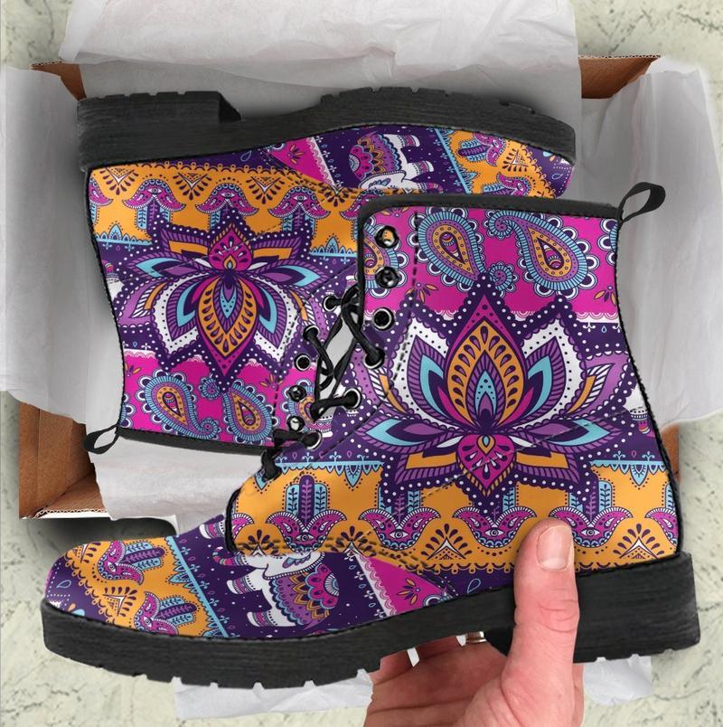 Leather Boots - Colorful Lotus Flower