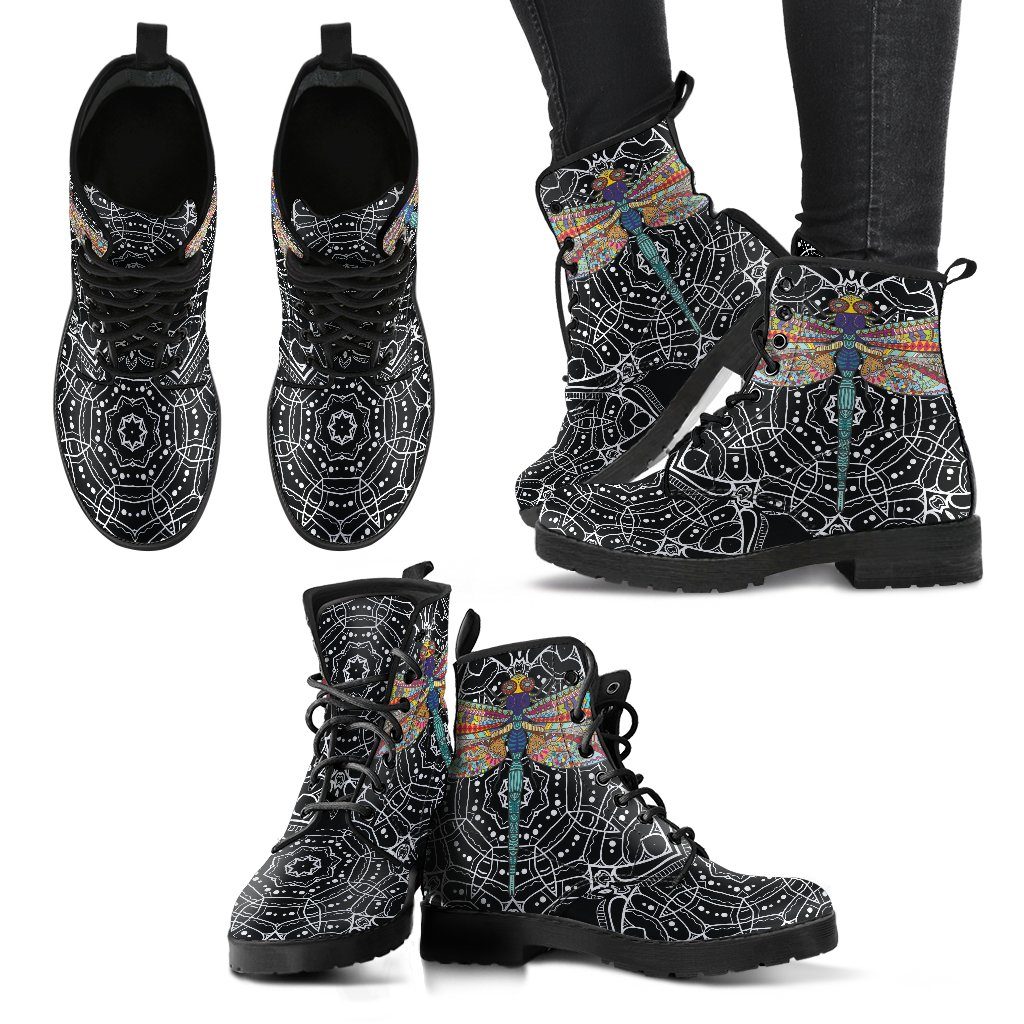 Leather Boots - Dragonfly Black Mandala