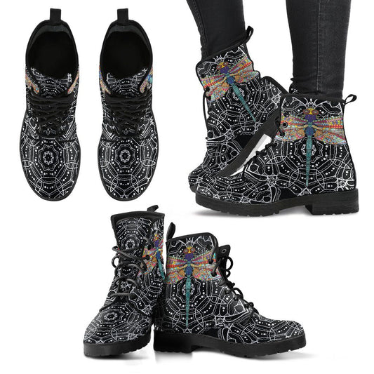 Leather Boots - Dragonfly Black Mandala