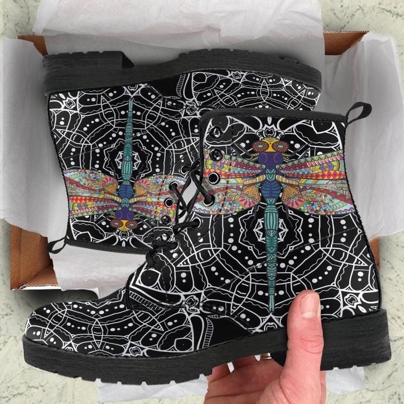 Leather Boots - Dragonfly Black Mandala