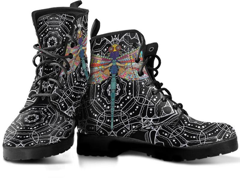 Leather Boots - Dragonfly Black Mandala