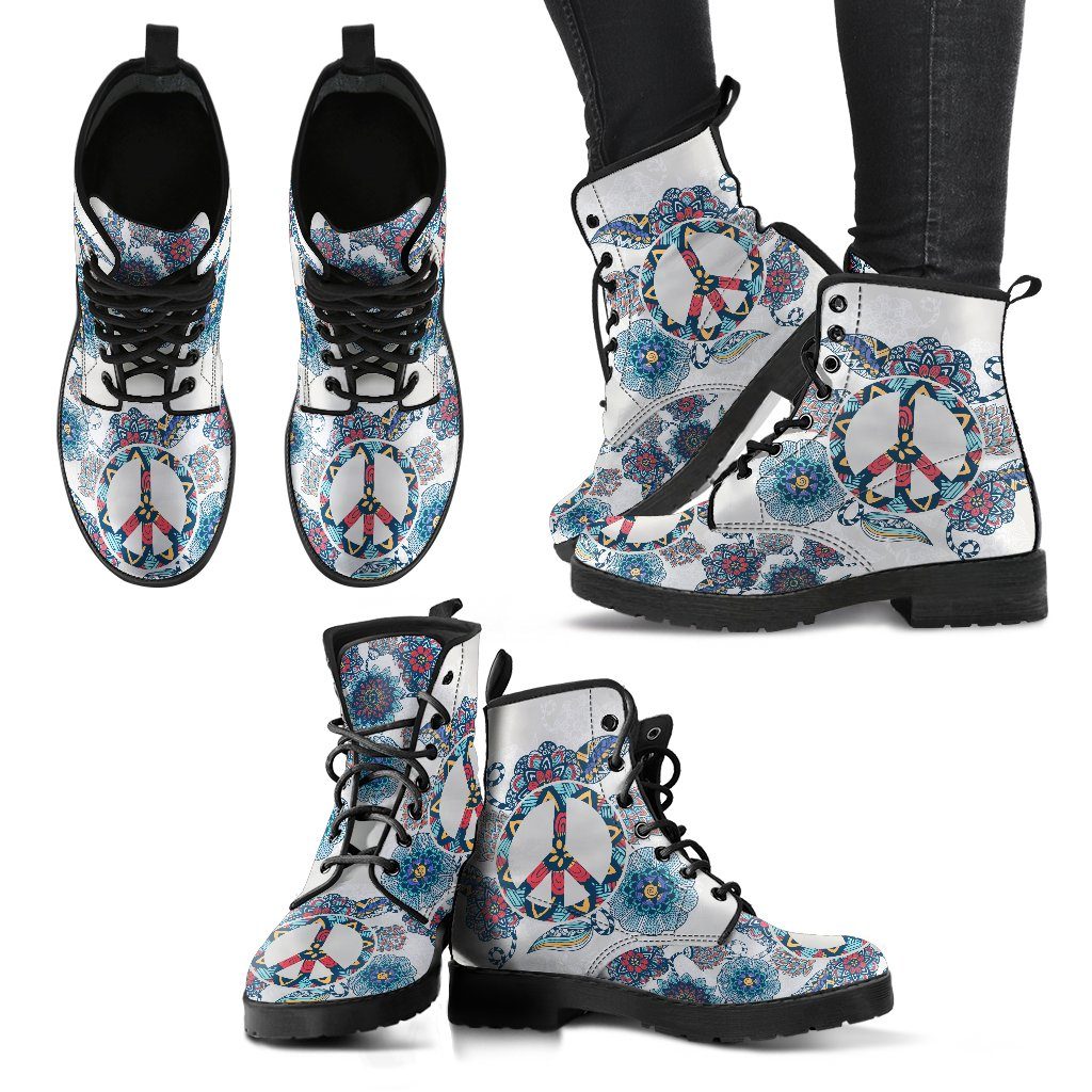 Leather Boots - Floral Peace Sign