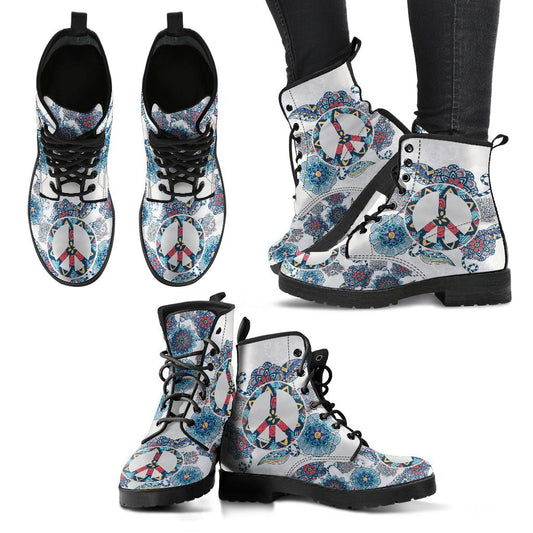 Leather Boots - Floral Peace Sign