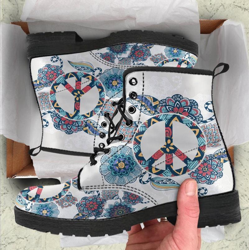 Leather Boots - Floral Peace Sign
