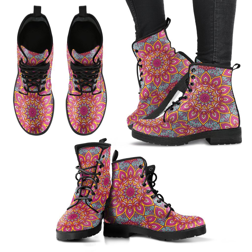 Leather Boots - Floral Red Mandala