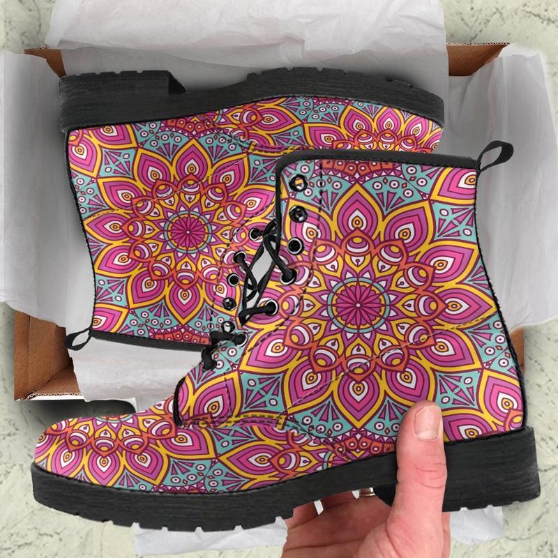 Leather Boots - Floral Red Mandala