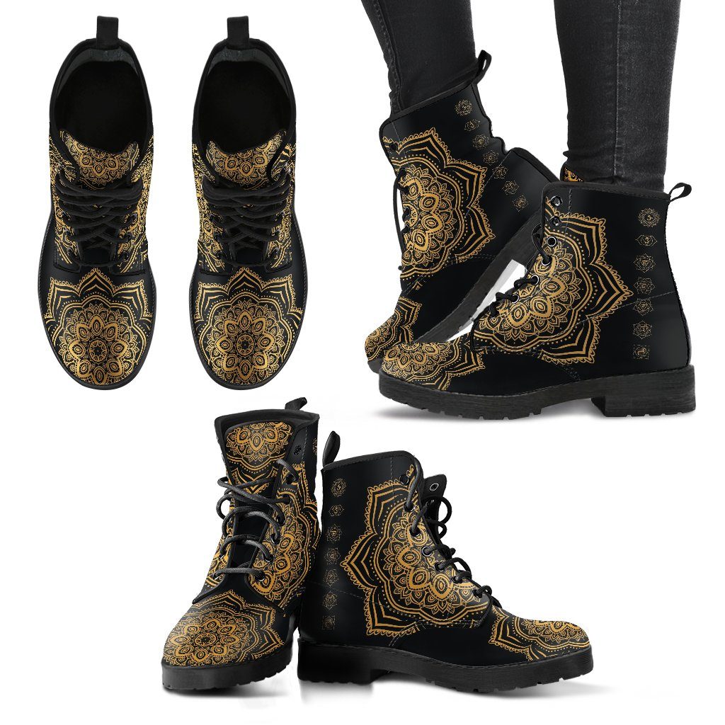 Leather Boots - Gold Chakra Mandala