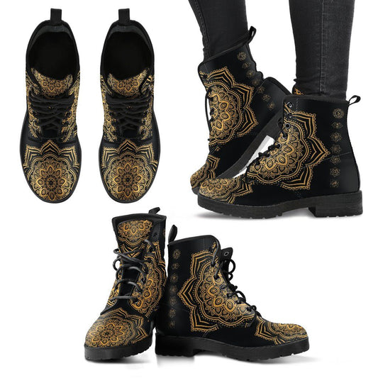 Leather Boots - Gold Chakra Mandala