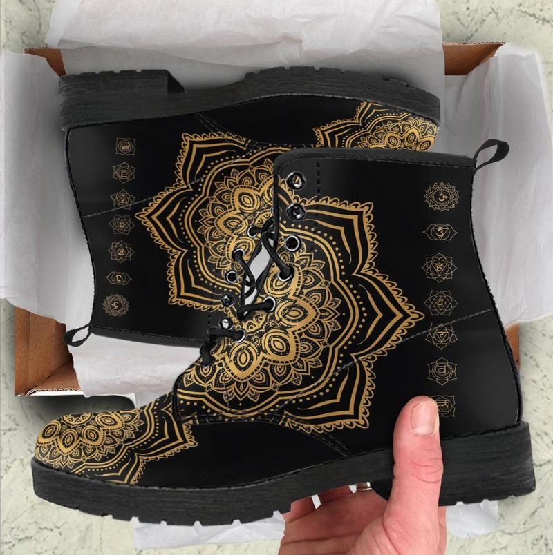 Leather Boots - Gold Chakra Mandala