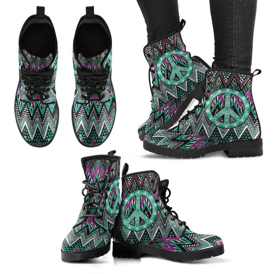 Leather Boots - Green Boho Peace