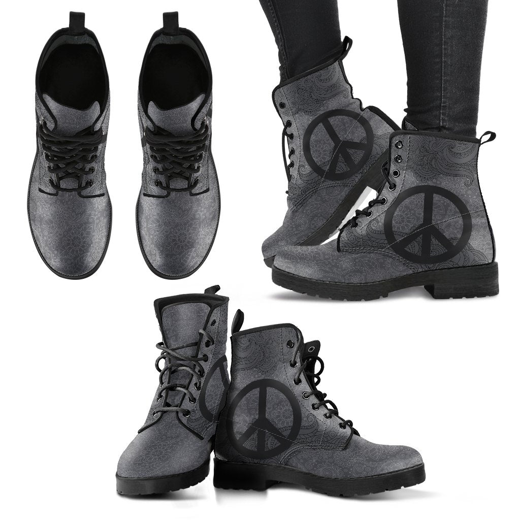 Leather Boots - Grey Peace Mandala