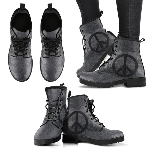 Leather Boots - Grey Peace Mandala