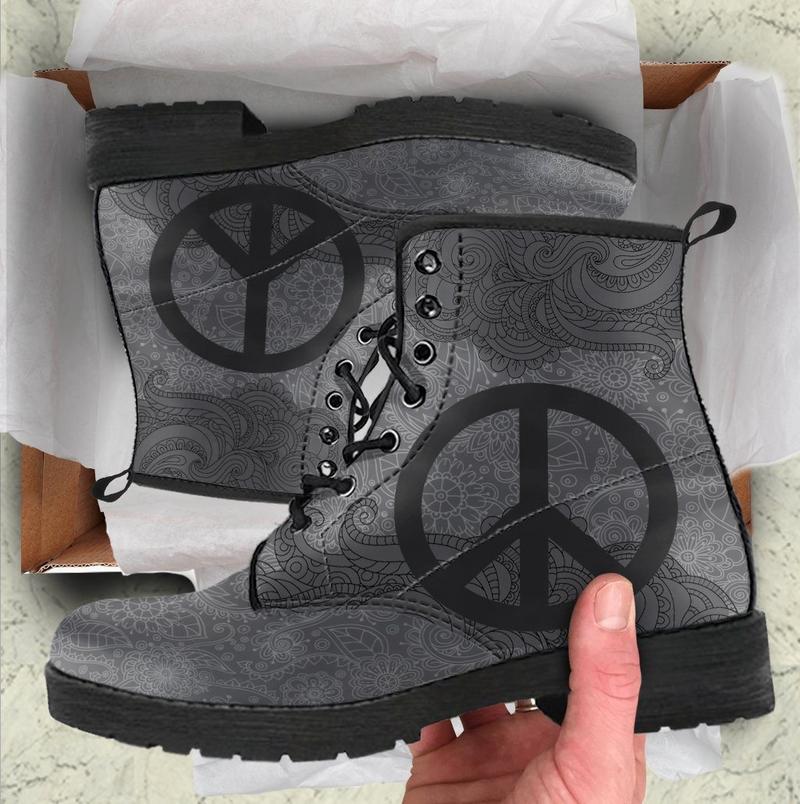 Leather Boots - Grey Peace Mandala