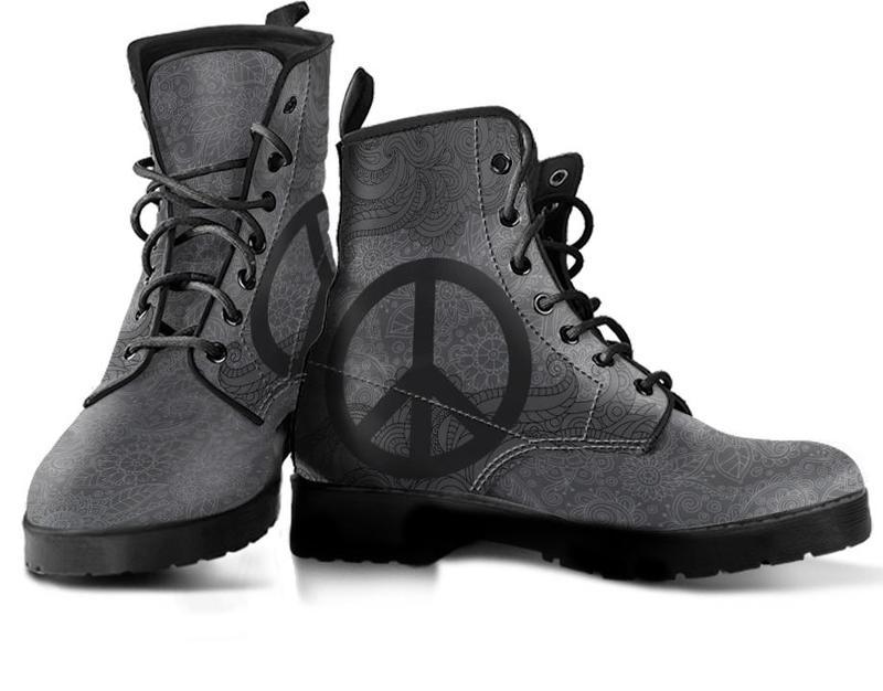 Leather Boots - Grey Peace Mandala