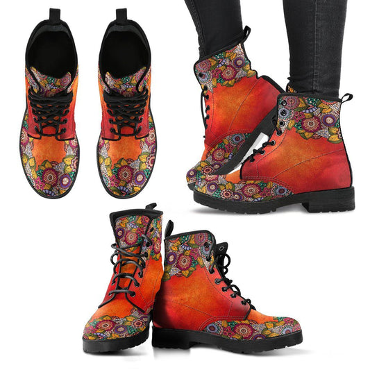 Leather Boots - Henna Mandala Red