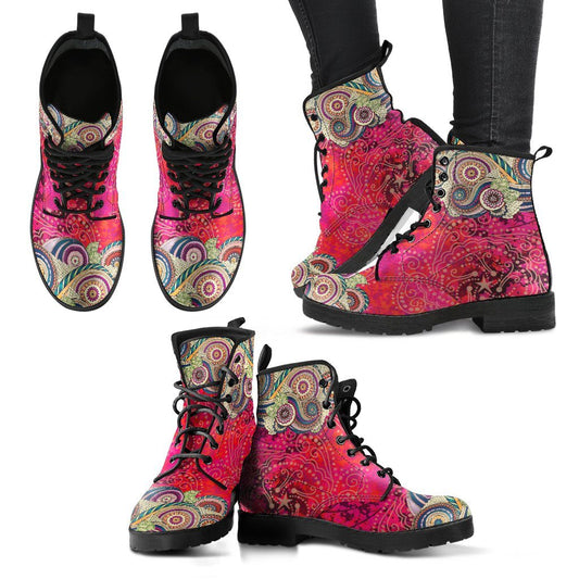 Leather Boots - Henna Mandala Red