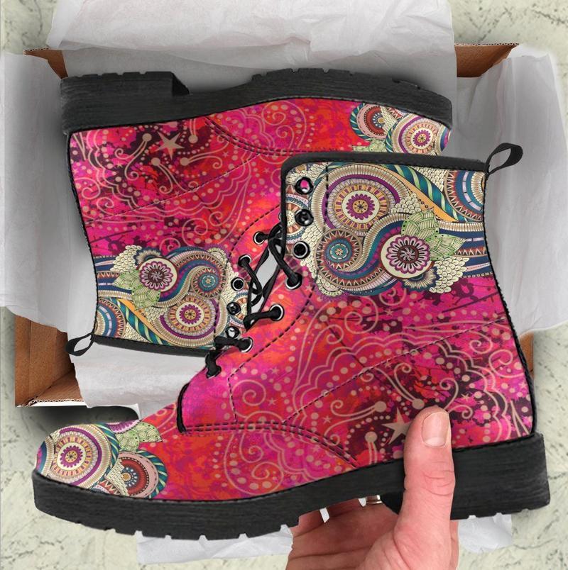 Leather Boots - Henna Mandala Red