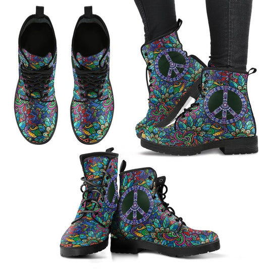 Leather Boots - Hippie Floral Peace