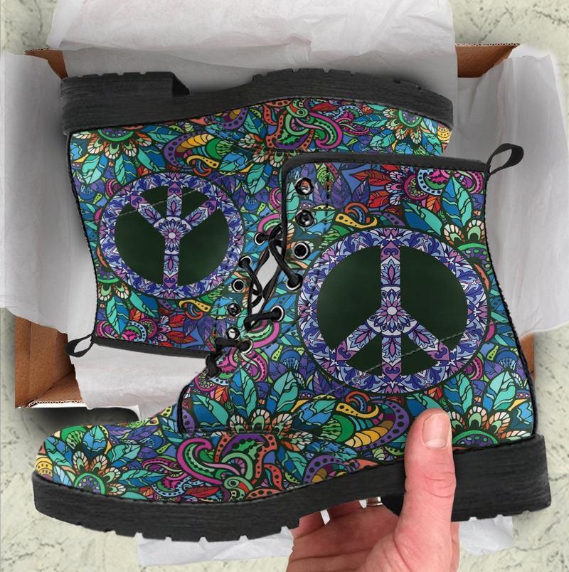 Leather Boots - Hippie Floral Peace