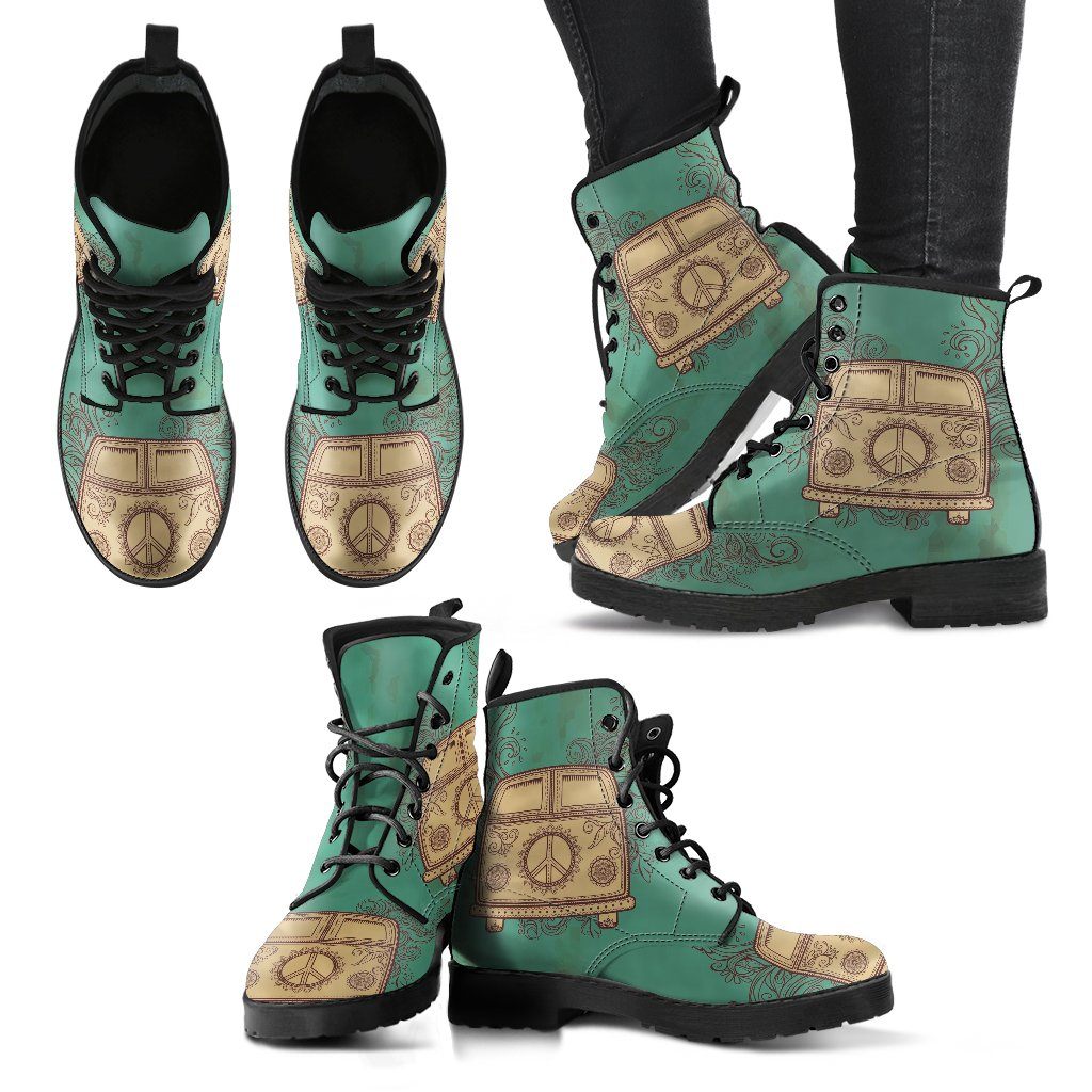 Leather Boots - Hippie Green Bus