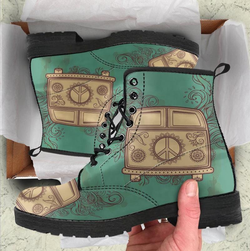 Leather Boots - Hippie Green Bus