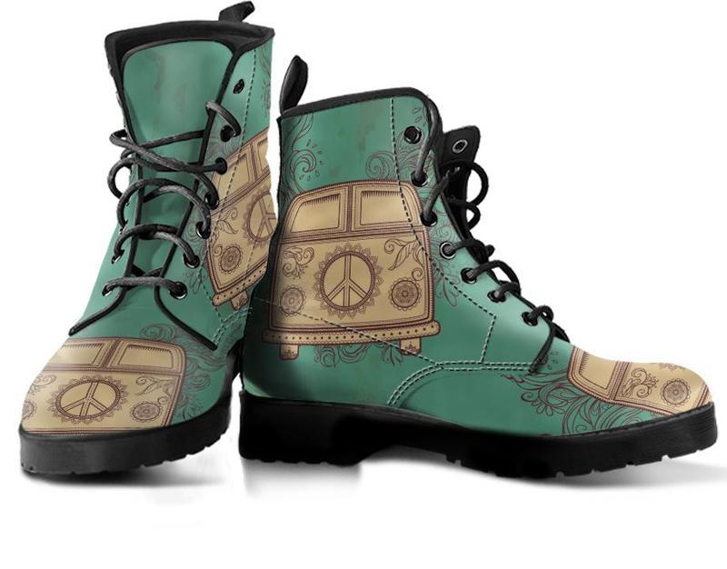 Leather Boots - Hippie Green Bus