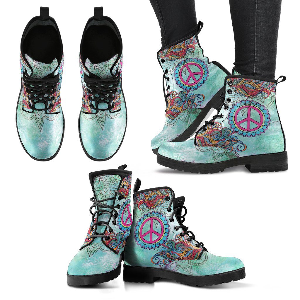 Leather Boots - Hippie Peace Symbol