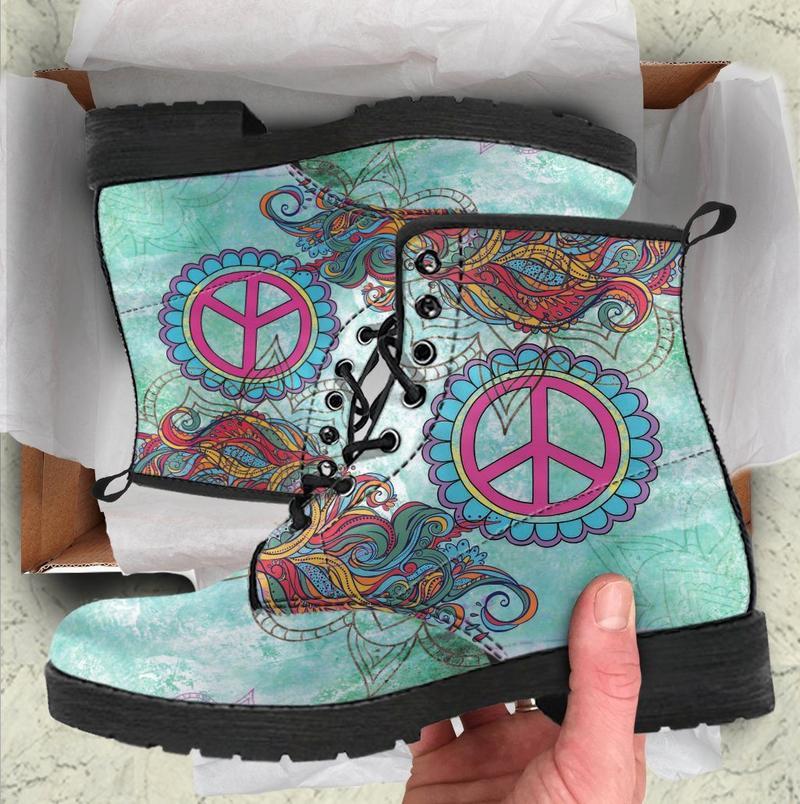 Leather Boots - Hippie Peace Symbol