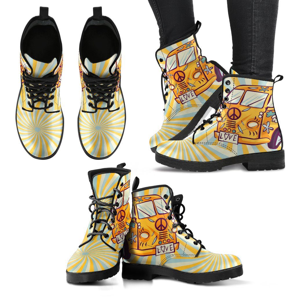 Leather Boots - Hippie Yellow Bus