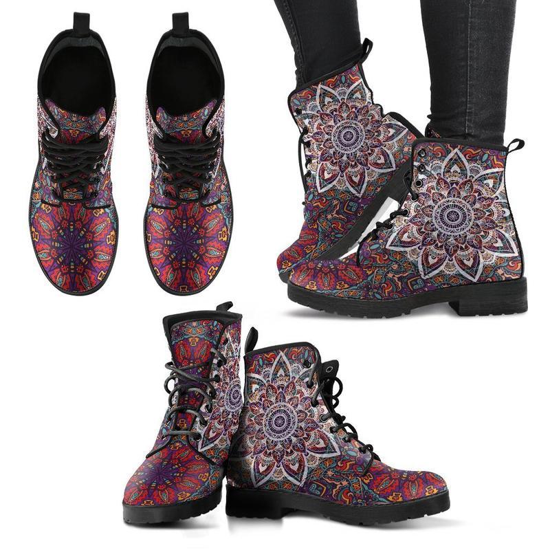 Leather Boots - Mandala Dark Red