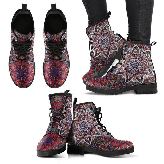 Leather Boots - Mandala Dark Red