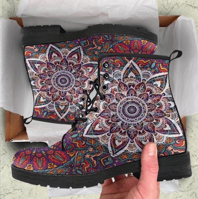 Leather Boots - Mandala Dark Red