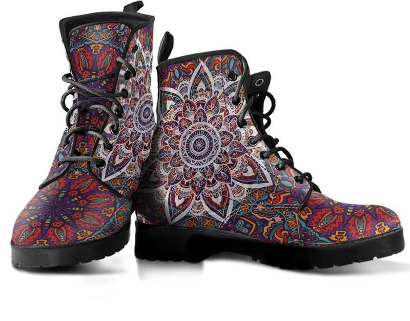 Leather Boots - Mandala Dark Red