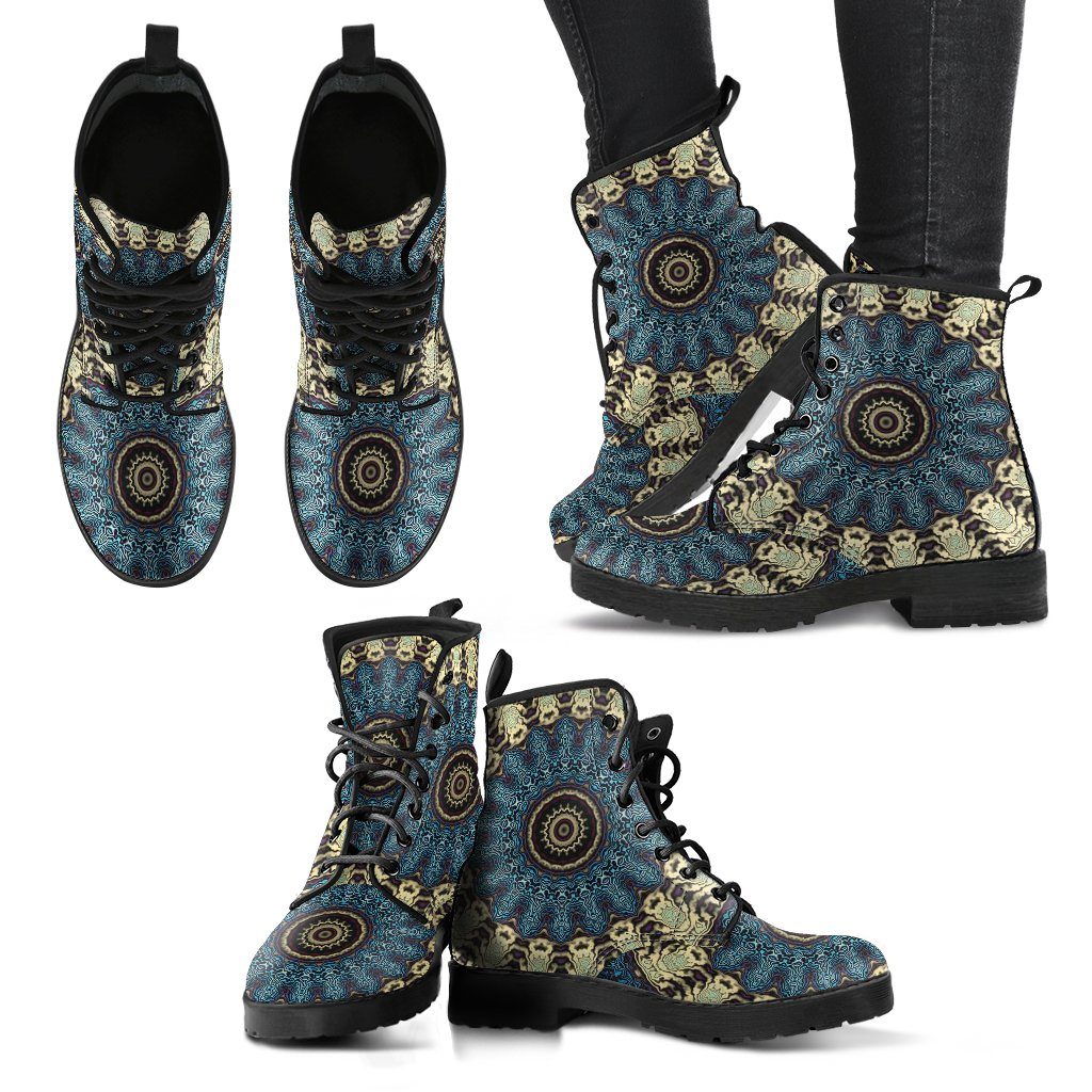 Leather Boots - Mandala Fractal Blue