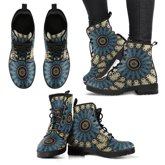 Leather Boots - Mandala Fractal Blue