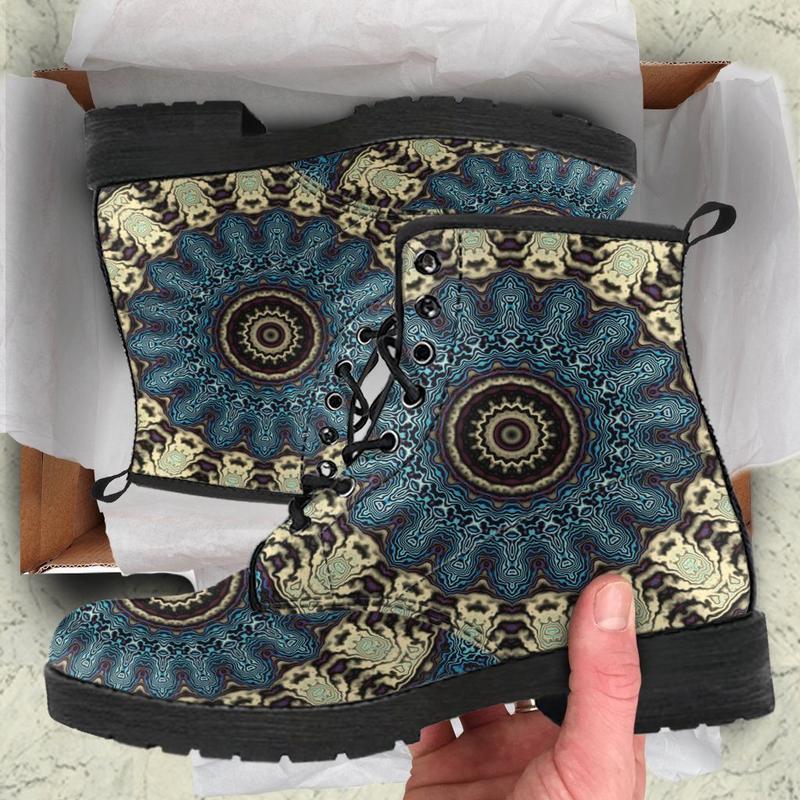 Leather Boots - Mandala Fractal Blue