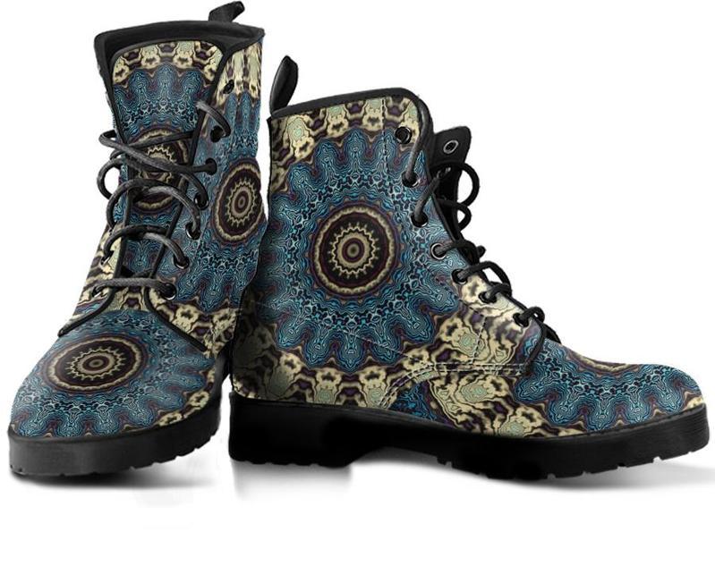 Leather Boots - Mandala Fractal Blue
