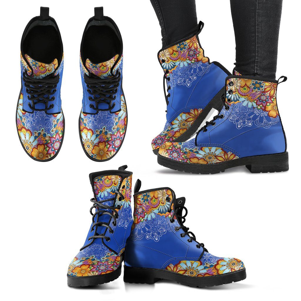 Leather Boots - Mandala Henna Blue