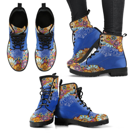 Leather Boots - Mandala Henna Blue