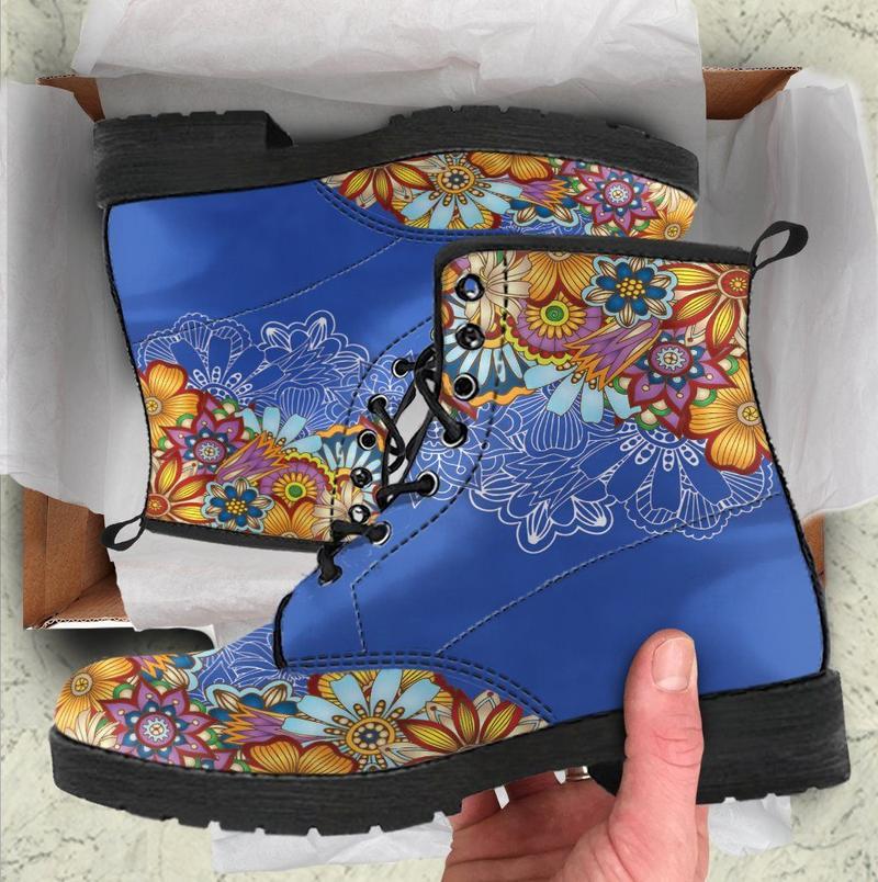 Leather Boots - Mandala Henna Blue