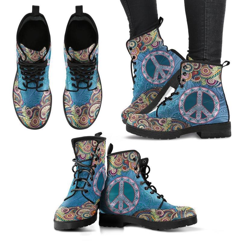 Leather Boots - Mandala Peace Blue