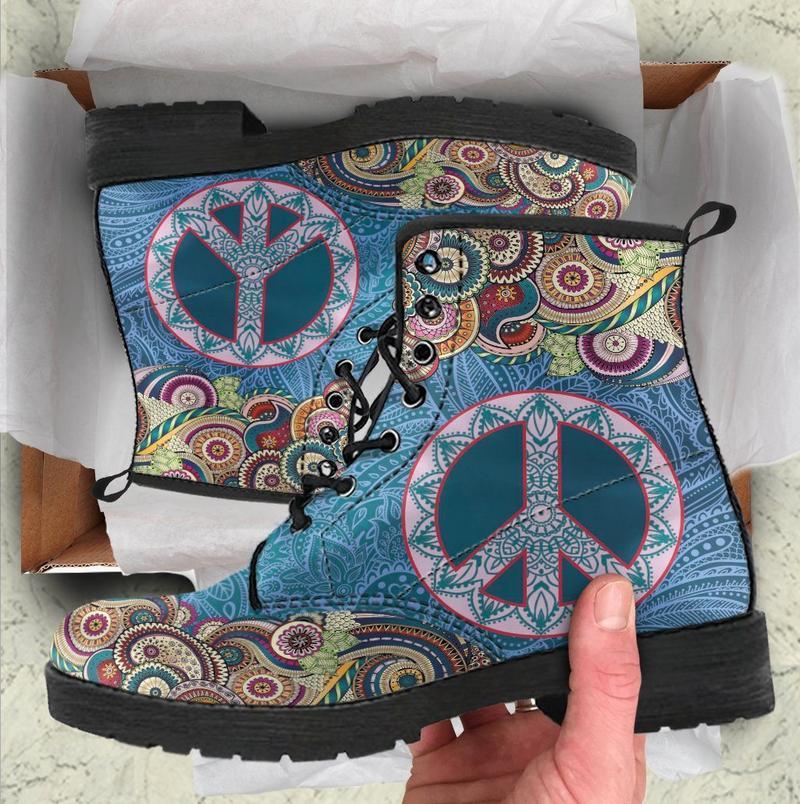 Leather Boots - Mandala Peace Blue