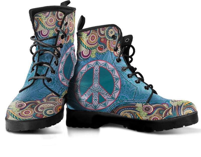 Leather Boots - Mandala Peace Blue