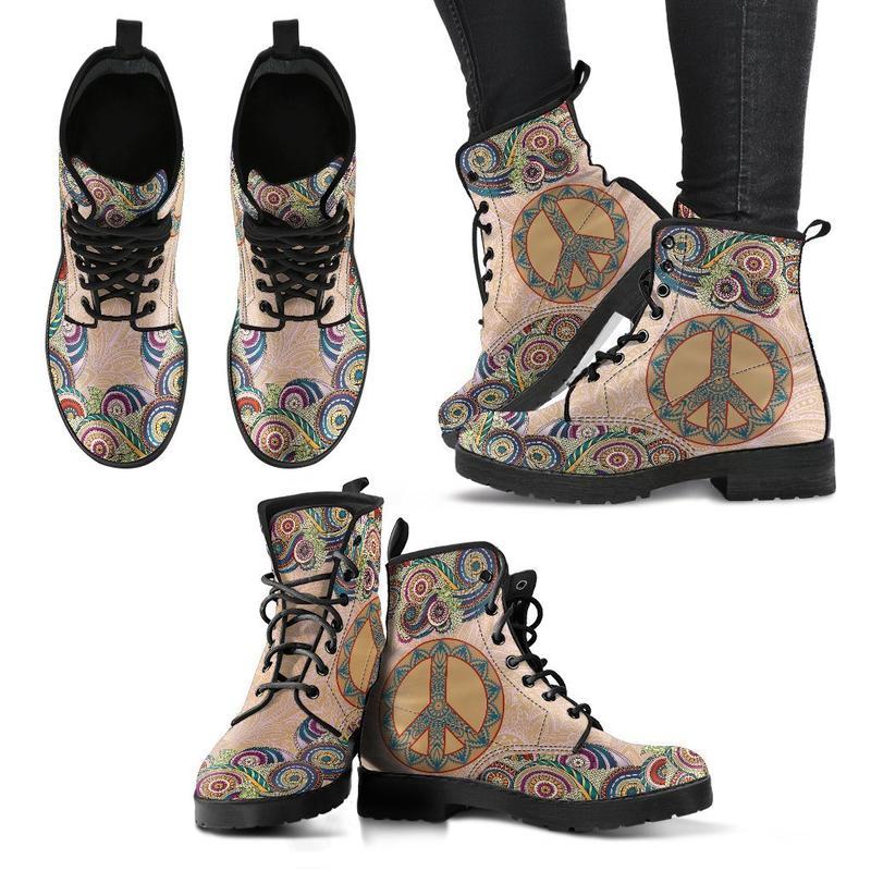 Leather Boots - Mandala Peace Brown