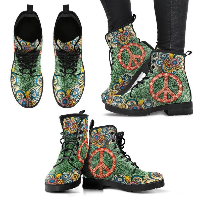 Leather Boots - Mandala Peace Dark  Green