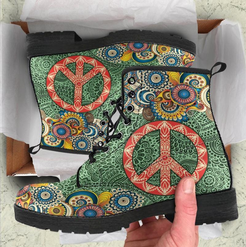 Leather Boots - Mandala Peace Dark  Green