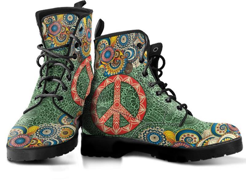 Leather Boots - Mandala Peace Dark  Green